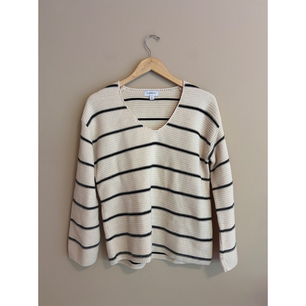 Evereve Womens Striped V-Neck Sweater Cream Black Long Sleeve Knit Size S